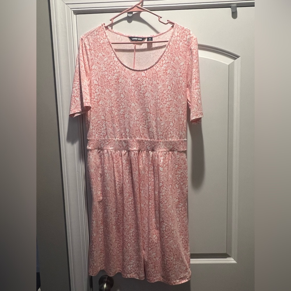 Lands’‎ End Pink White Floral Scoop Neck Dress Short Sleeves Women’s